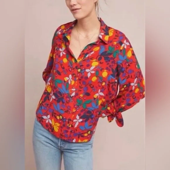 NWT *ANTHROPOLOGIE* Maeve *BLITHE* Button Down Blouse … *FLORAL•FRUIT* … Size: 6 - Picture 2 of 5